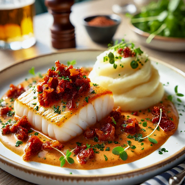 Dos de Cabillaud à la Crème de Chorizo & Écrasé de Pommes de Terre Fondant